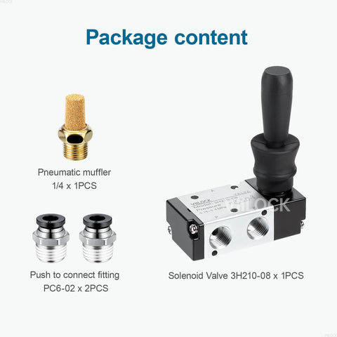 Package contents including Three Way Two Position Pneumatic Solenoid Valve With Hand Lever Push Pull Manual Control One Quarter Inch NPT Ports Aluminum Body Direct Drive Model 3H210-08, muffler, and fittings.