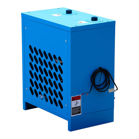 Blue metal industrial refrigerated air dryer unit, front view, with R134a cooling for air compressors 35 CFM 0.58 KW 110V 60Hz.