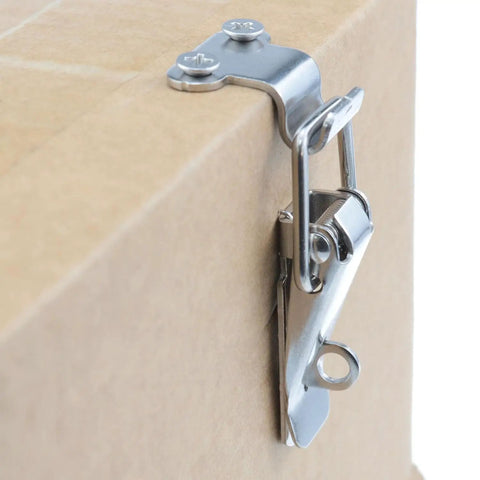 Beefy Heavy Duty Stainless Steel Toggle Latch Set For Cabinets And Boxes 90 Degree Box Latch Hardware side view on box