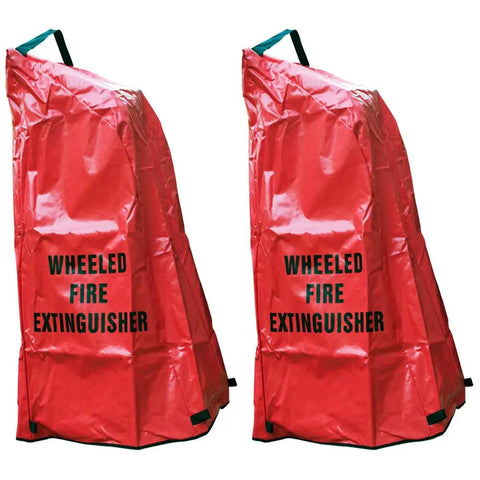 Heavy Duty Fire Extinguisher Cover Two Pack For 150 Lb Wheeled Tanks OSHA Approved All Season Weather Shield, red protective shells.
