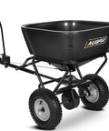 Side view of Tow Behind Broadcast Spreader for Lawn and Garden with 130 lb hopper, adjustable flow, and heavy-duty build