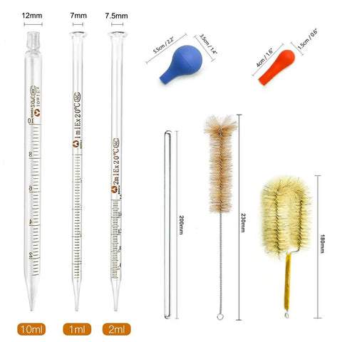 Must Have Pro Lab Glassware Kit with pipettes 10ml 1ml 2ml, pipette fillers, and cleaning brushes for precise lab measurements