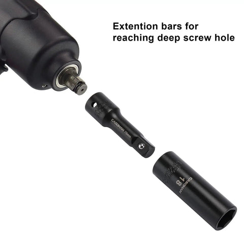 Extension bar and socket from Deep 1/2 Inch Drive Impact Socket Set, Metric And SAE, 6 Point, Cr-V Steel, with drill attachment