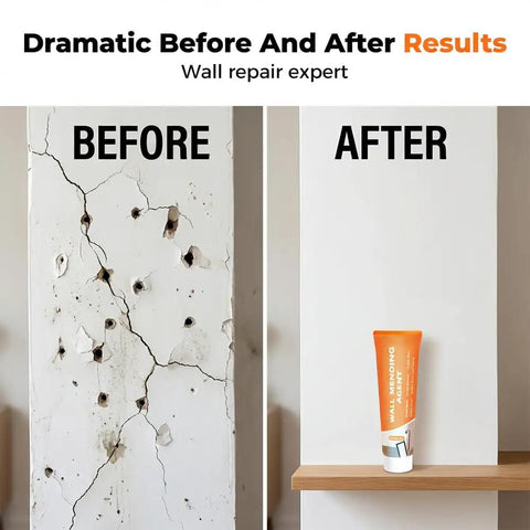 Before and after results using All In One Drywall Repair Kit With Scraper And Quick Drying Paste For Easy Hole And Crack Repair