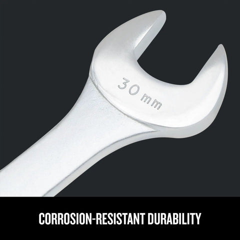 30mm wrench from Metric Jumbo 5 Piece Wrench Set With Chrome Finish, Corrosion Resistant, 12 Point Box End, 15 Degree Offset For Extra Knuckle Clearance