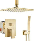 12 Inch Square Brushed Gold Shower System With Ceiling Mount Rainfall Head SUS304 Stainless 2 Function Handheld Sprayer Pressure Balance Valve Rough In Valve Included For A Luxe Bathroom Upgrade
