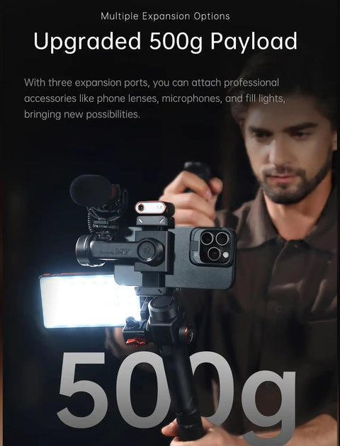 Close-up of Smartphone Gimbal Stabilizer With 3 Axis Stabilization, Magnetic AI Tracker, detachable remote, 500g payload, fill light