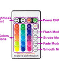RGB LED Flood Lights For Indoor And Outdoor Decor With Remote Control showing 16 colors and mode buttons
