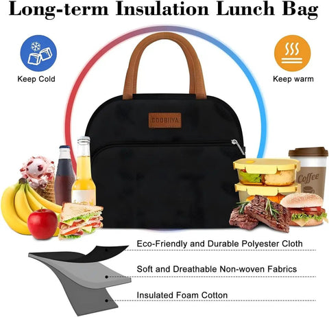 Insulated Lunch Bag For Work Travel And School Leakproof 10L Tote Reusable Stylish Oxford Fabric Lunch Box For Men And Women Grab And Go Cooler Black with food and drinks displayed
