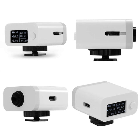 Pro Grade Light Meter For Photography With 0.1 To 100,000 Lux Range, 32-Bit Sensing, Incident And Reflective Metering, Hot Shoe And Cold Shoe Mount, Long Standby Up To 26 Hours, Multi Port Connectivity, And Adjustable F Stop From F1.0 To F2.0 white compact meter shown from four angles with display and mount