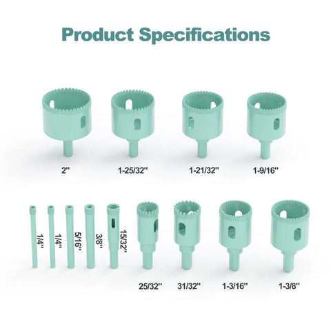 CATITO 13-piece mint-green diamond hole saw kit for tile drilling; includes assorted hole saws 2 in–1-9/16 in and drill bits.