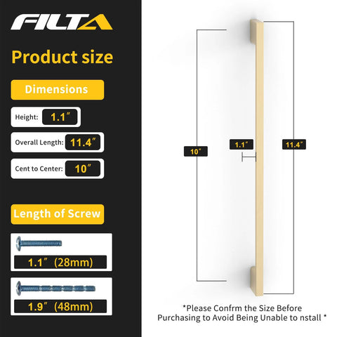 Diagram of 6 Pack 10 Inch Hole Centers Brushed Brass Cabinet Pull detailing dimensions and screw lengths for cabinets and drawers.