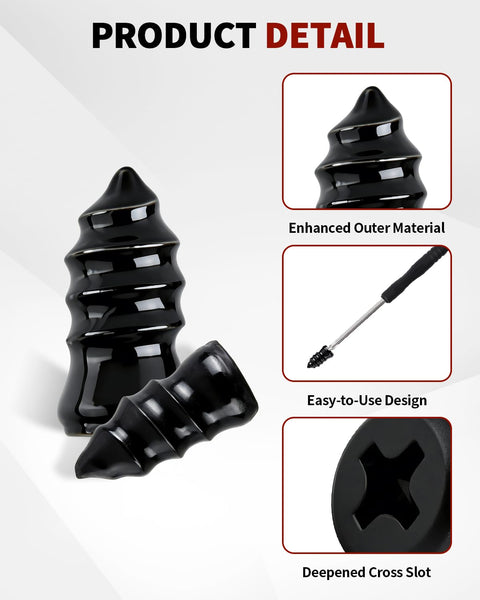 Close-up of black screw type plugs from Self Service Tire Repair Kit With 60 Piece Rubber Nail Plugs And Screw Type Plugs Plus Screwdriver For Car Truck Motorcycle Tractor Puncture Repair On The Go, showing enhanced outer material and deepened cross slot.