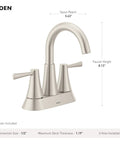 Side view of a brushed nickel Moen two-handle 4-inch centerset bathroom faucet with labeled spout reach and faucet height measurements.