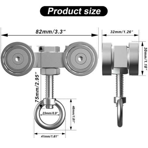 4 Wheel Unistrut Trolley Assembly Kit With M10 Bolt And Lifting Eye Nuts, Silent Operation, For 1-5/8-Inch Strut Channel, Heavy-Duty Load Up To 770 Lbs, Includes 2 Sets, dimensions and parts shown