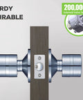 Side view of keyless entry door lock with no hassle setup and two point five second auto lock, sturdy design in silver.