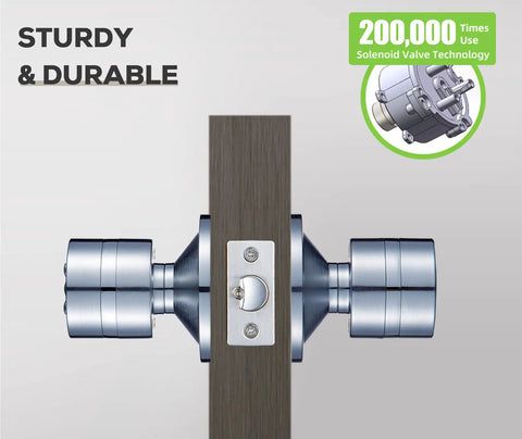 Side view of keyless entry door lock with no hassle setup and two point five second auto lock, sturdy design in silver.