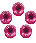 Pink 5 Pack 7075 Aluminum Chainring Bolts for Road and MTB Cranksets, 6.5mm Nuts, top view of anodized bolts