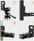 Laser Level L Shape Adapter with magnetic pivoting base on wall, ceiling, and tripod mounts, showing various mounting options.