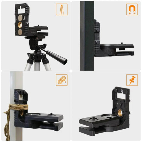 Laser Level L Shape Adapter with magnetic pivoting base on wall, ceiling, and tripod mounts, showing various mounting options.