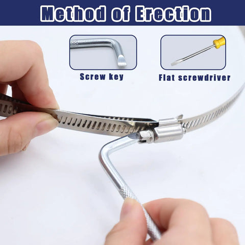 Adjusting stainless steel duct clamp with screw key, part of Six Piece Adjustable Stainless Steel Duct Clamp Set For Air Ducting 4 Inch And 6 Inch Pipe Clamps DIY Hose Clamp Kit Fits 3.58 To 4.48 Inches And 5.55 To 6.5 Inches.