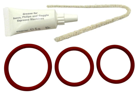 Bean To Cup Cleaning Service Kit With Lubricating Grease, 2 O Ring Gaskets And Cleaning Brush For Espresso Machines To Keep Your Brew Fresh And Your Coffee Game Strong, showing grease tube, red O rings, brush.