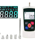 100N Push Pull Force Gauge For Plug Force Tests Handy Destructive Testing Meter With 4 Units N Kg Lb Oz 0.1N Divisions ±1 Percent Accuracy Compact 124x60x31mm White handheld gauge with display and attachments