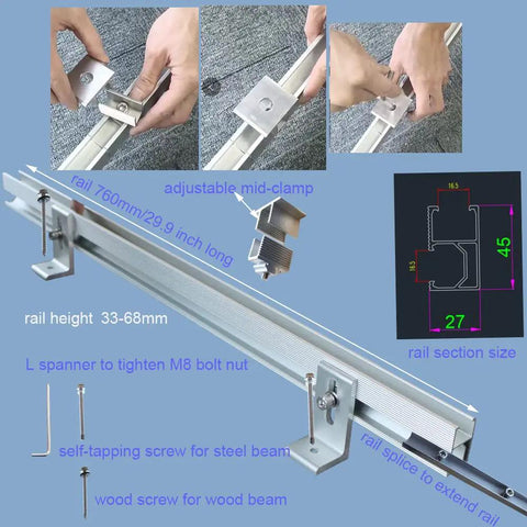 Solar Panel Roof Mounting Bracket Kit For Sloped Tin Roof With No Fuss Setup, Vertical Mount For 1 To 2 Panels, 76 cm Rail Length And Extendable Rail With Splice, Durable Tin Roof Mounting System