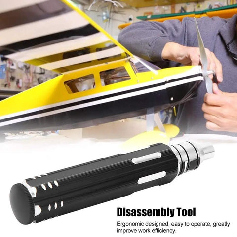 4 in 1 RC Aircraft and Drone Screwdriver Kit for Hex Screws, Disassembly Tool and DIY Maintenance next to yellow airplane model