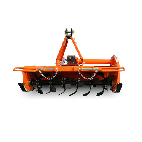 45-Inch 3 Point Hitch Rotary Tiller for Tractors 20-30HP Cat 1, 540 RPM PTO driven, heavy duty alloy steel, front view