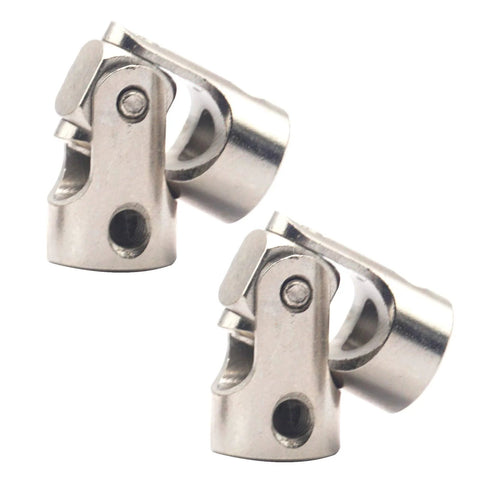 Two silver metal universal joint couplings for RC car shafts, 3mm to 3mm