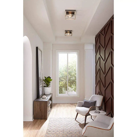 Briarwood Collection 2-Light Flush Mount Ceiling Light With Graphite Finish For Hallways Kitchens Bedrooms And Living Rooms 12 Inch By 6 Inch Modern Ceiling Fixture That Delivers A Warm Cozy Vibe stylishly illuminating a modern hallway.