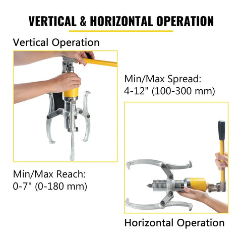 Hella Tough 15 Ton Hydraulic Gear Puller Kit Featuring Adjustable Two Or Three Jaw Design shown in vertical and horizontal operation.