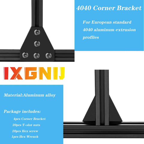 Corner Brackets For 4040 Aluminum Extrusion 5 Hole T Shape Joint Plates Set; includes 4 pieces, T-slot nuts, screws, and wrench.