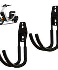 2 Piece Beefy Carbon Steel Garage Storage Hooks And EV Charger Holder Wall Mount With Solid J Hook Design For Secure Cable Retractor Support No Stress Organization Top Shelf Rust Resistant Finish Keeps Your Setup Crisp, featuring two black hooks.