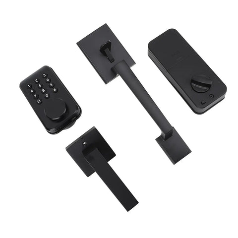 Badass Keyless Entry Lock Set With Fingerprint Scanner And Auto Electronic Keypad Deadbolt Digital Smart Code Setup Featuring Hella Smooth Lever Handle In Matte Black components displayed on white background.