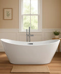 Top Shelf Acrylic Freestanding Soaker Tub Featuring Deep Soaking Pool And Sculpted Curved Backrest For Serious Lumbar Relief And Prime Chill Vibes In Crisp White in a bathroom setting.