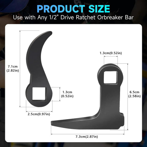 Two Pack Pry Bar Wrench Adaptor Heads For Half Inch Drive Ratchets With 8 Point Square Profile, dimensions shown