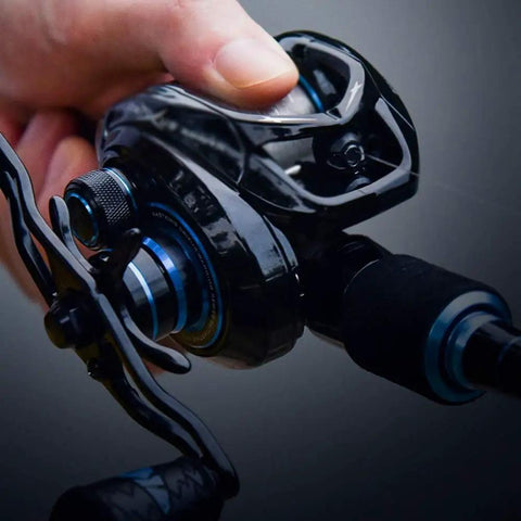Close-up of Heavy Duty Fishing Reel For Outdoors With Anti Explosion Line Magnetic Brake System Aluminum Alloy Body.