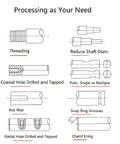 Diagram showing machining processes: threading, shaft reduction, coaxial hole, key way, snap ring grooves, chamfering.