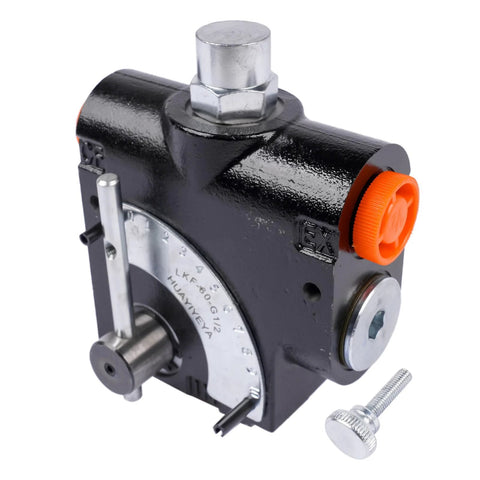 Hydraulic adjustable flow control valve with relief, 1/2-in NPT, black body, orange relief cap, front view