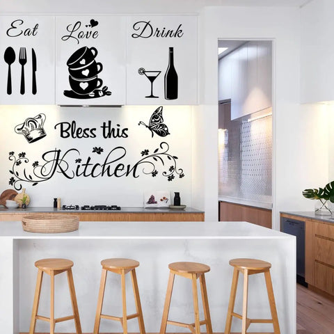 Kitchen Wall Stickers Peel And Stick Vinyl Decals for easy home decor, featuring 'Bless This Kitchen' design in modern kitchen setting.