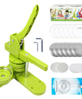 All In One Button Maker Kit With Interchangeable Button Models Multiple Sizes Circle Cutter Wrench And Free Button Parts Pack For DIY Badges Green 75mm Press displayed with components