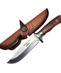 M390 Fixed Blade Hunting Knife With Wood Handle Full Tang Survival Knife Leather Sheath Built For Rugged Outdoor Camping Bushcraft And Beast Mode Wilderness Tasks No Cap, showing knife and sheath