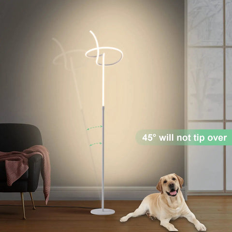 Spiral LED Floor Lamp With Remote And Footswitch, 61 Inch Tall Standing Lamp, 27W 6000LM, lit in living room with couch and dog.