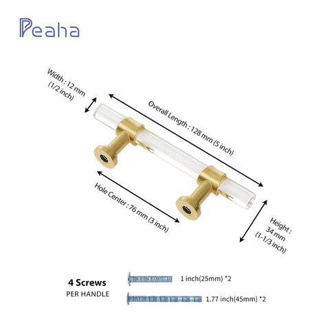 Acrylic Drawer Pulls Set in Gold Brushed Brass Finish for Cabinets and Dressers, T Bar Hardware showing dimensions, screws