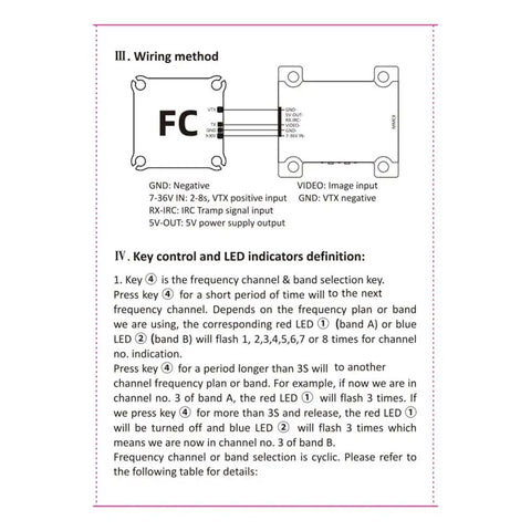 Wiring method and key control instructions for 3.3G 4W VTX Image Transmission Transmitter for FPV RC racing drones