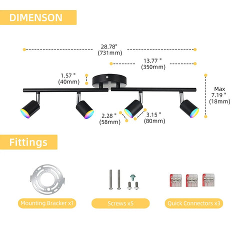 Smart 4 Light RGB LED Track Lighting Kit With Alexa Google Home And App Control Color Changing Ceiling Spotlight dimensions and fittings