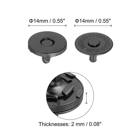 Two 14mm metal round magnetic clasps with fabric bases for clothes and bags, showing dimensions and thickness in detail.