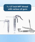 Beast Of A Heavy Duty Grease Needle Tip Dispenser with alloy screw thread, displayed with various oil guns for tight spaces lubrication.